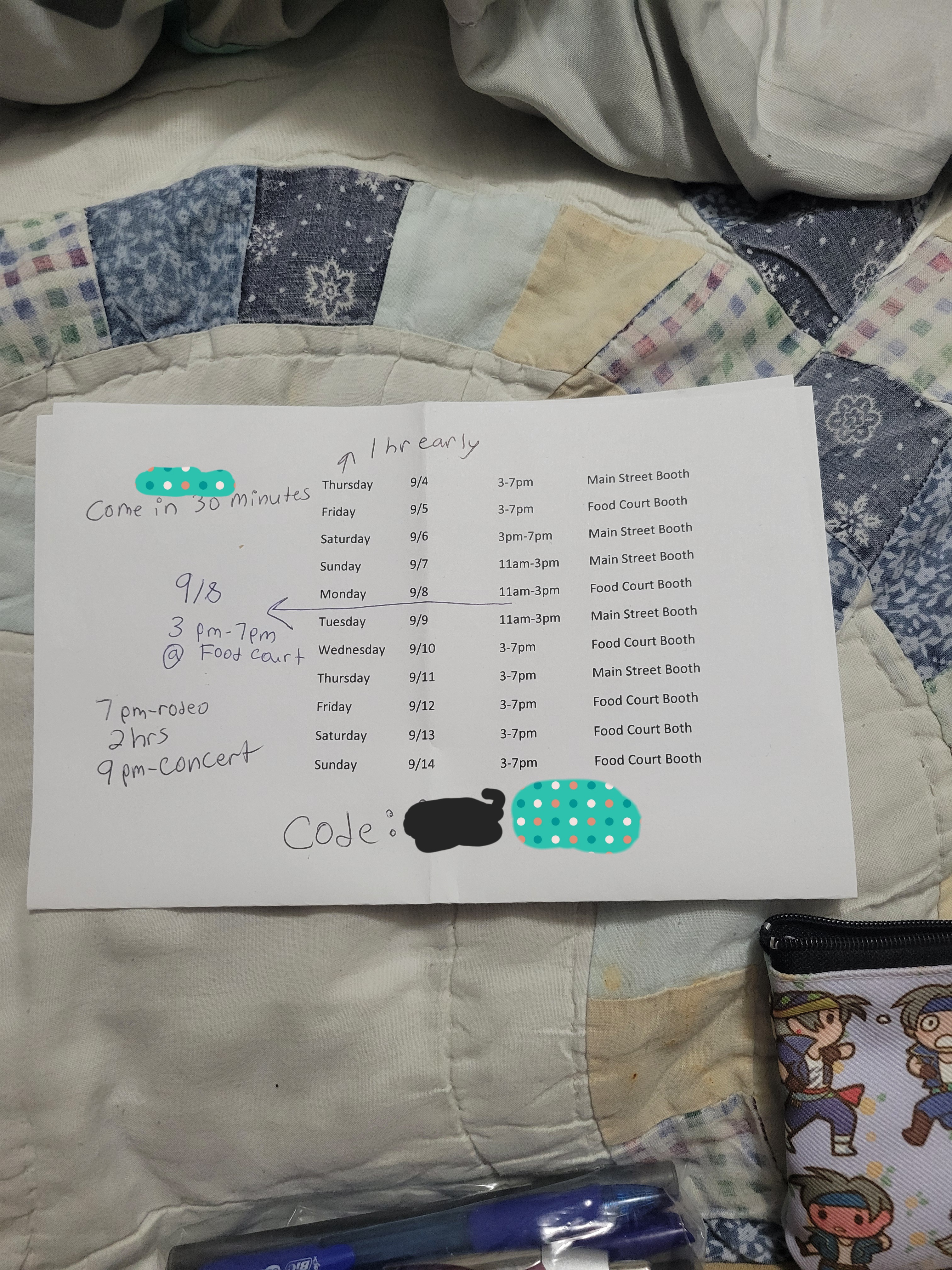 State fair worker schedule with the dates and locations where they will work with hand written correction and information.